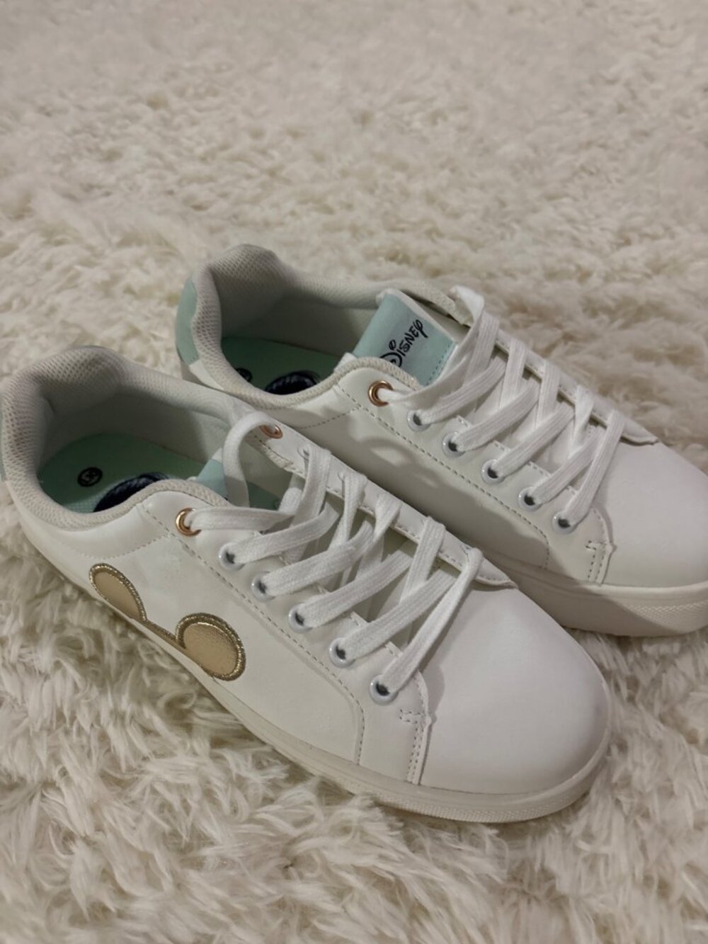 Disney Mickey Mouse White Sneakers Gold Mickey Ears Mint Accents Womens Size 10